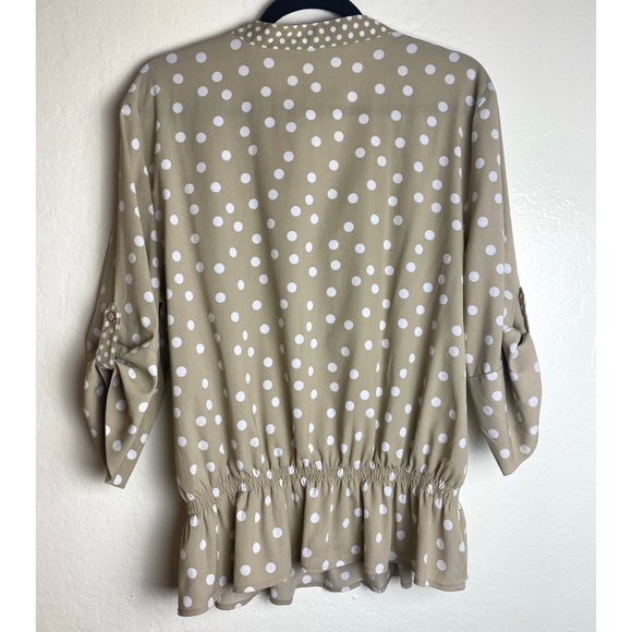 Cuff Sleeve Taupe and White Polka Dot Blouse - Picture 2 of 3